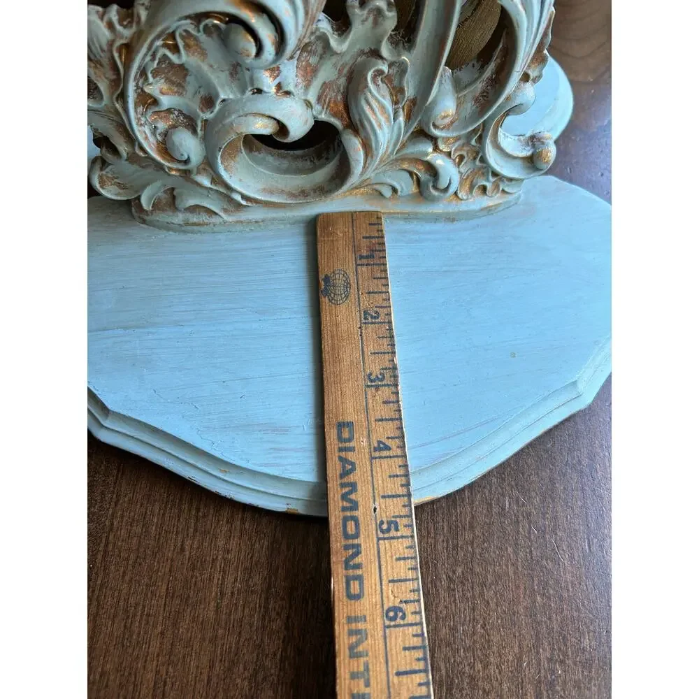 2 Vintage Syroco wood wall shelves shabby chic Regency gold light blue paint 12”